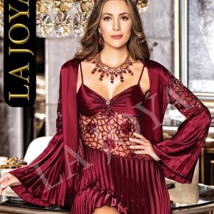 Women's Lingerie Red Sequin Lace Satin Ruffled Baby doll Slip Peignoir Set Robe